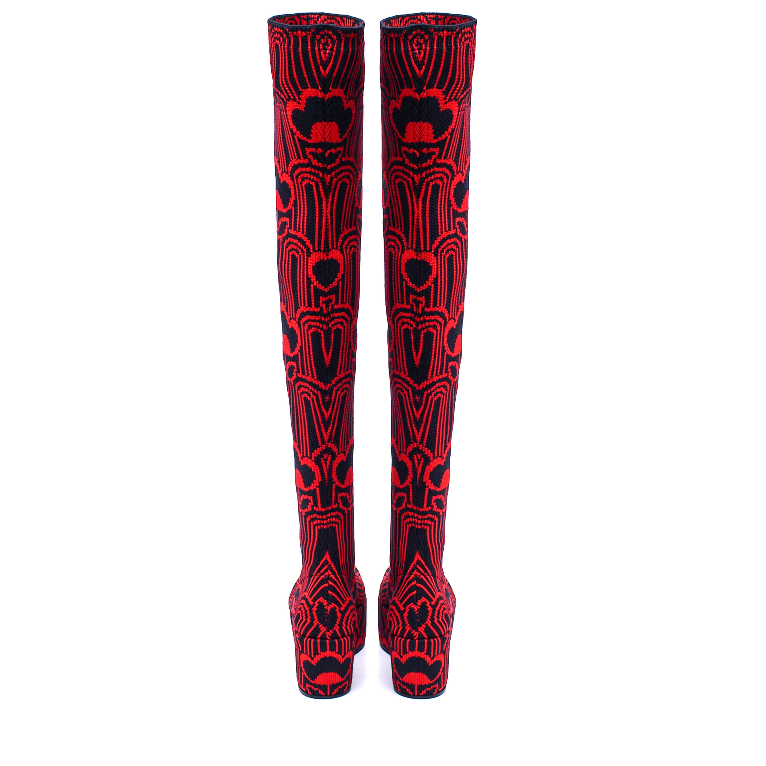 Prada - Red & Black Jacquard Thing Statement Sole Boots / 38